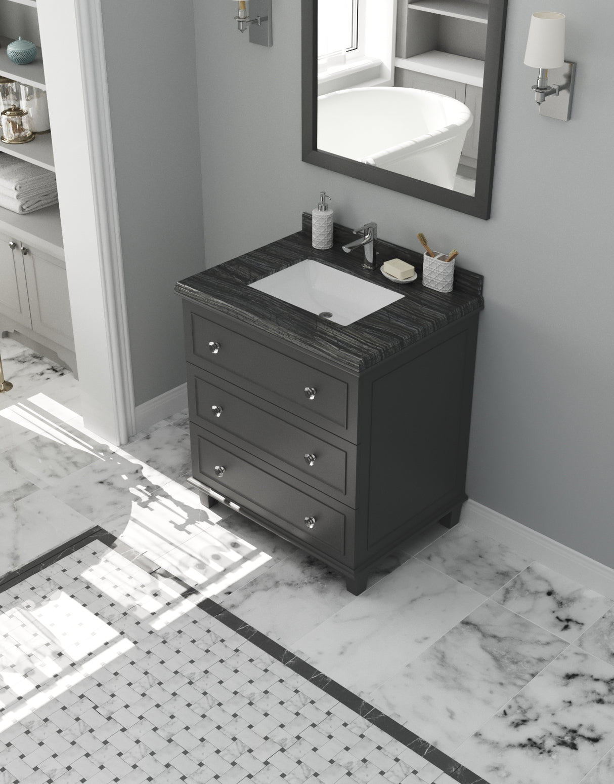 Luna 30" Maple Grey Bathroom Vanity with Black Wood Marble Countertop Laviva 313DVN-30G-BW