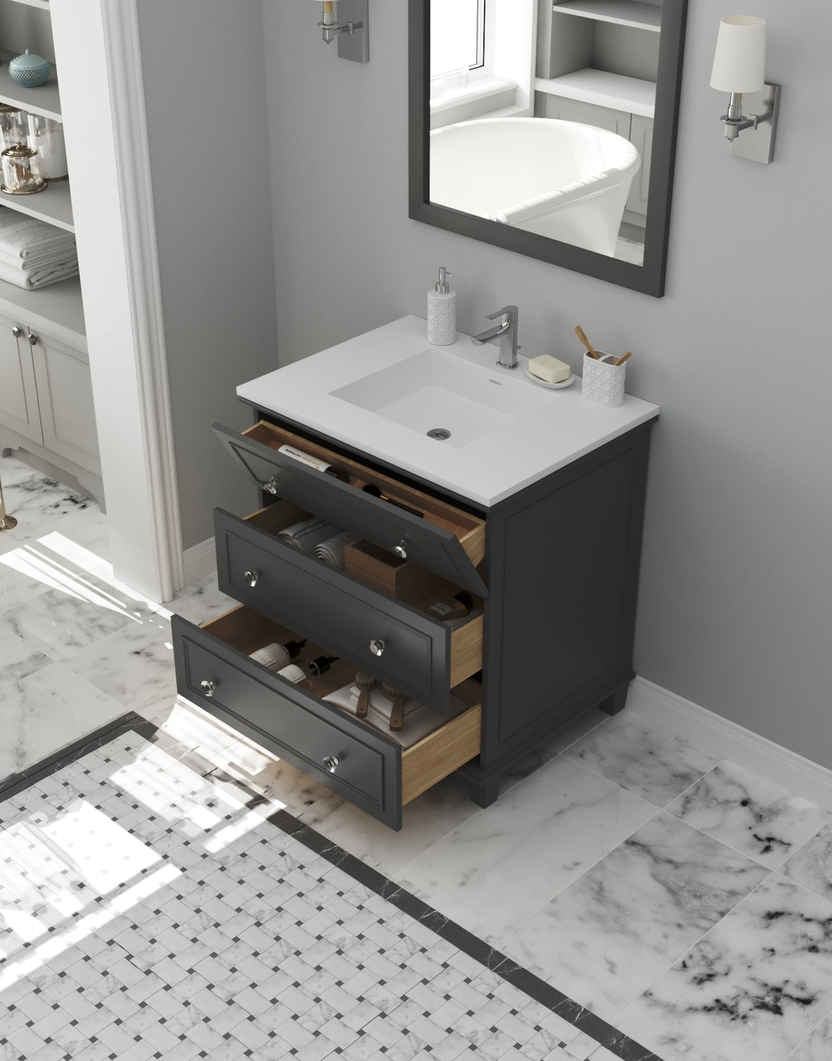 Luna 30" Maple Grey Bathroom Vanity with Matte White VIVA Stone Solid Surface Countertop Laviva 313DVN-30G-MW