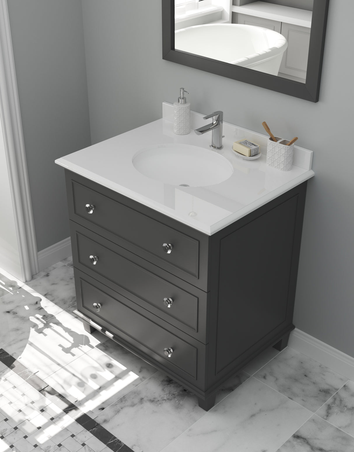 Luna 30" Maple Grey Bathroom Vanity with Pure White Phoenix Stone Countertop Laviva 313DVN-30G-PW