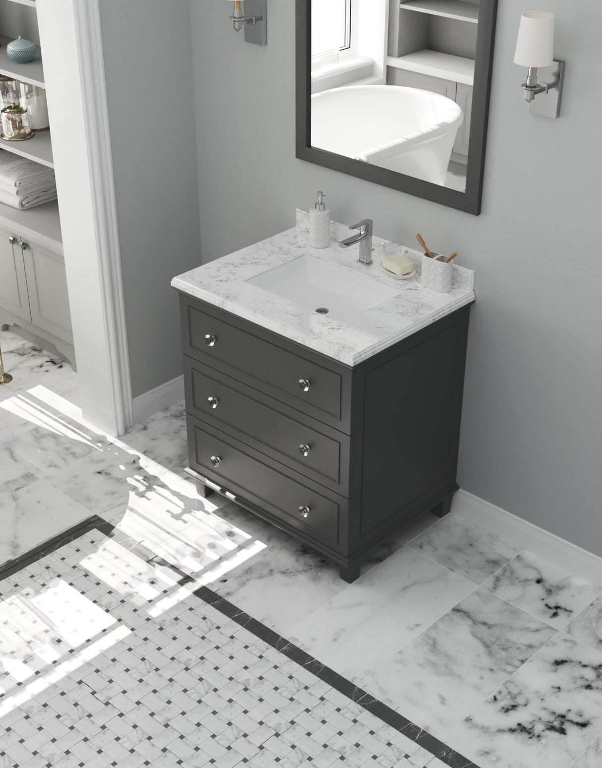 Luna 30" Maple Grey Bathroom Vanity with White Carrara Marble Countertop Laviva 313DVN-30G-WC