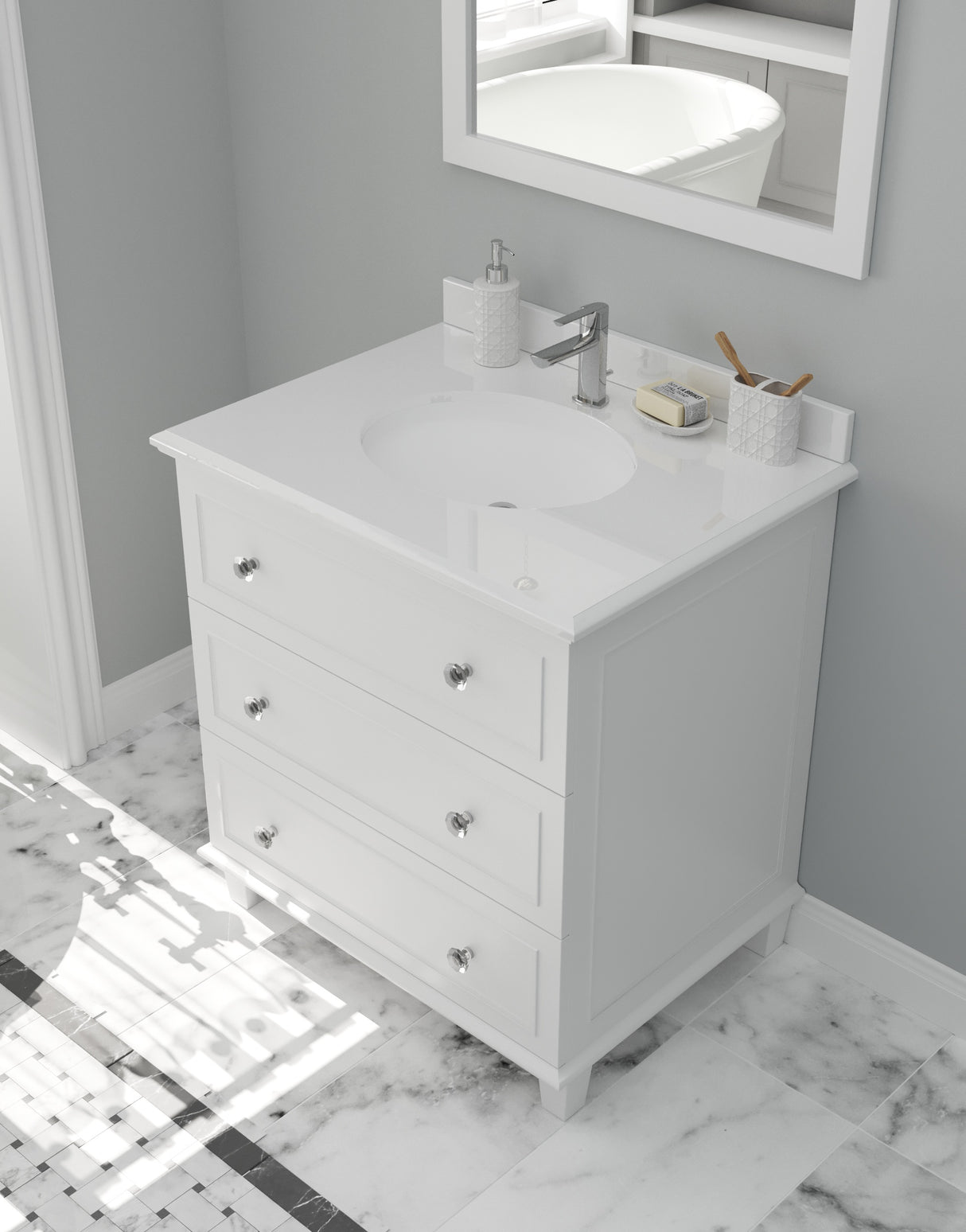 Luna 30" White Bathroom Vanity with Pure White Phoenix Stone Countertop Laviva 313DVN-30W-PW