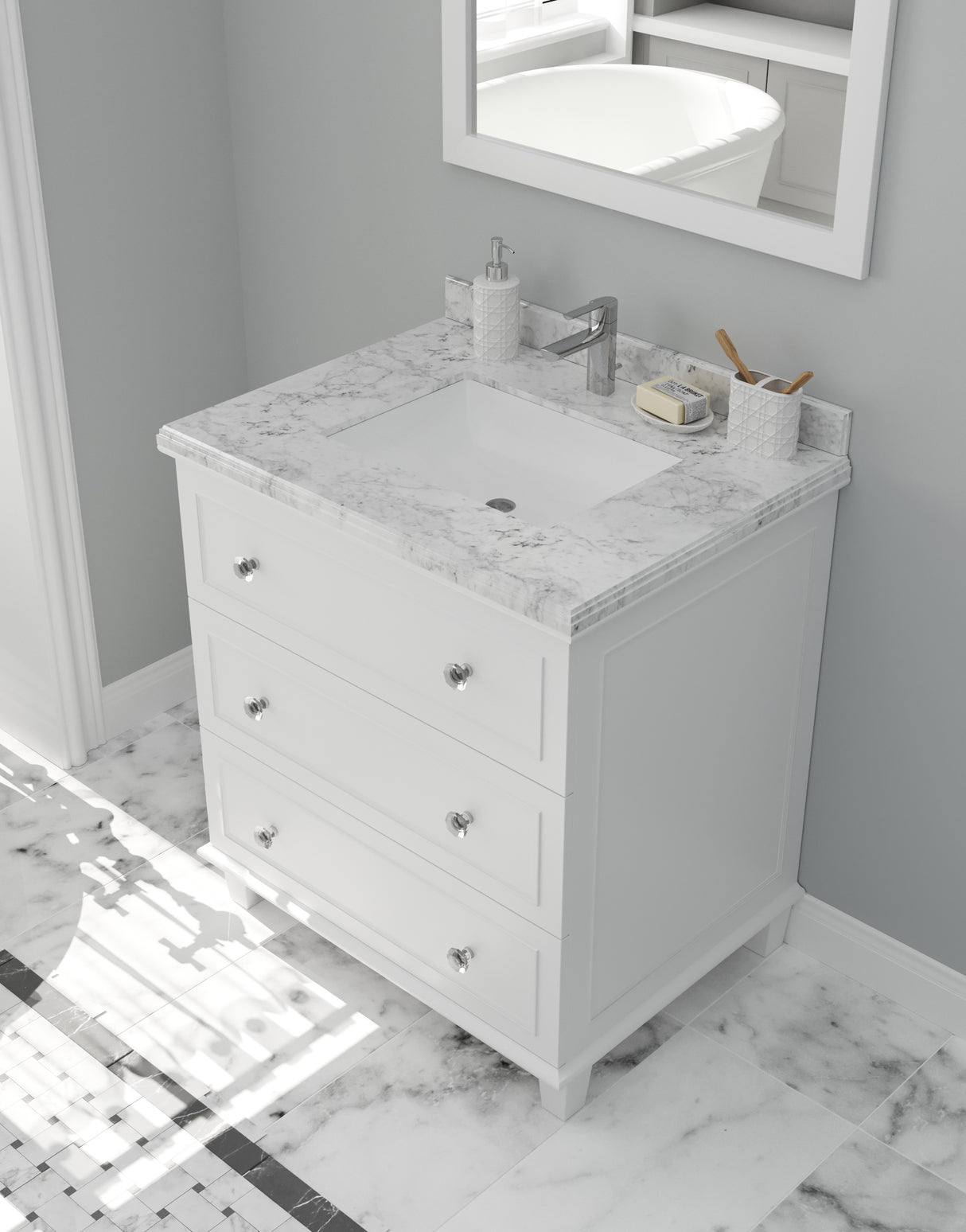 Luna 30" White Bathroom Vanity with White Carrara Marble Countertop Laviva 313DVN-30W-WC