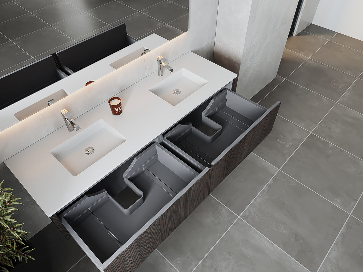 Legno 72" Carbon Oak Double Sink Bathroom Vanity with Matte White VIVA Stone Solid Surface Countertop Laviva 313LGN-72DCR-MW
