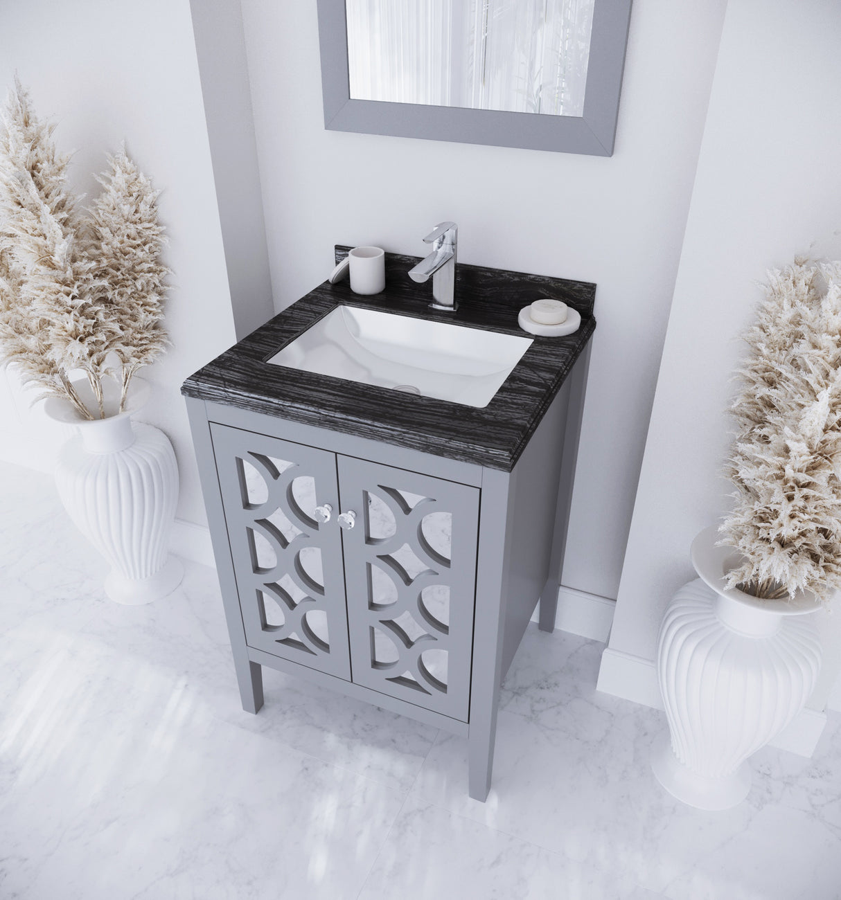 Mediterraneo 24" Grey Bathroom Vanity with Black Wood Marble Countertop Laviva 313MKSH-24G-BW