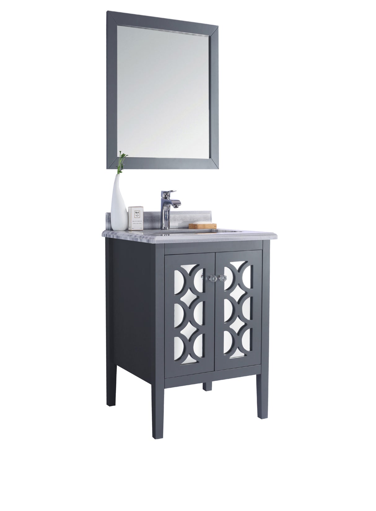 Mediterraneo 24" Grey Bathroom Vanity with White Stripes Marble Countertop Laviva 313MKSH-24G-WS