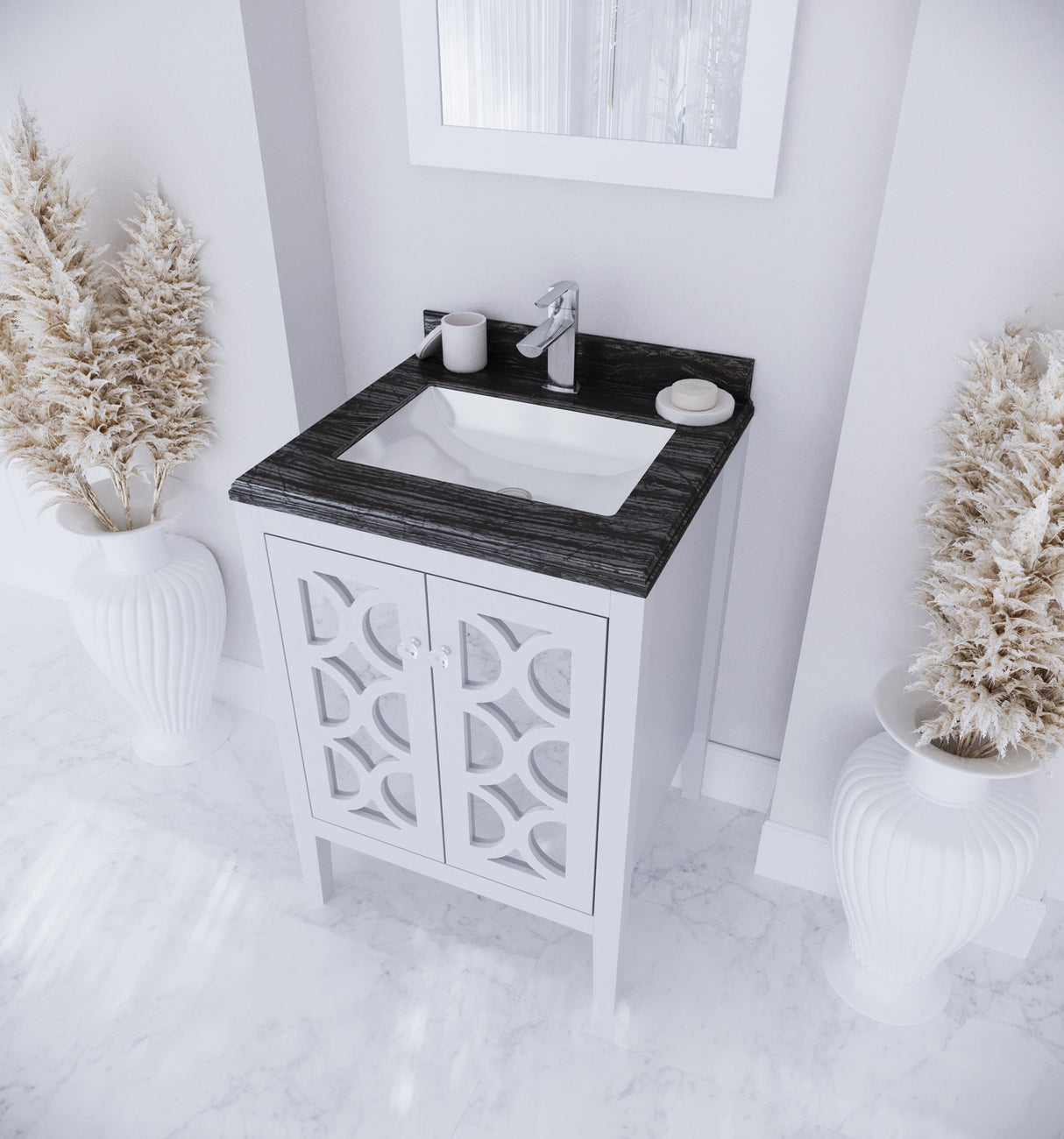 Mediterraneo 24" White Bathroom Vanity with Black Wood Marble Countertop Laviva 313MKSH-24W-BW