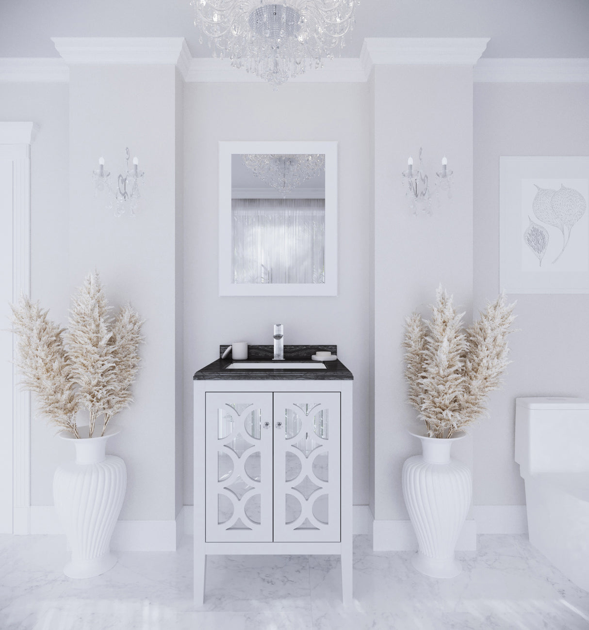 Mediterraneo 24" White Bathroom Vanity with Black Wood Marble Countertop Laviva 313MKSH-24W-BW