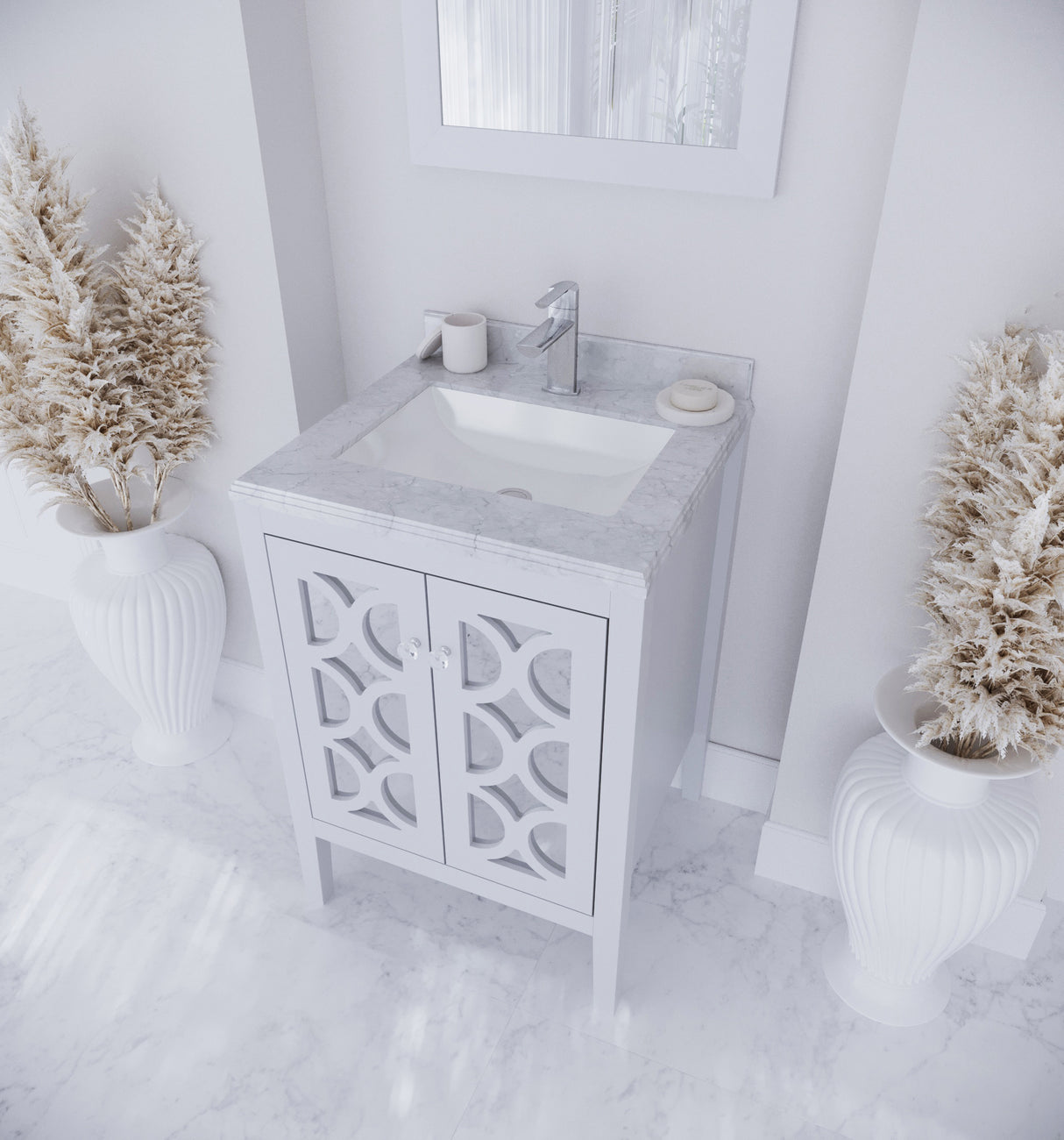 Mediterraneo 24" White Bathroom Vanity with White Carrara Marble Countertop Laviva 313MKSH-24W-WC