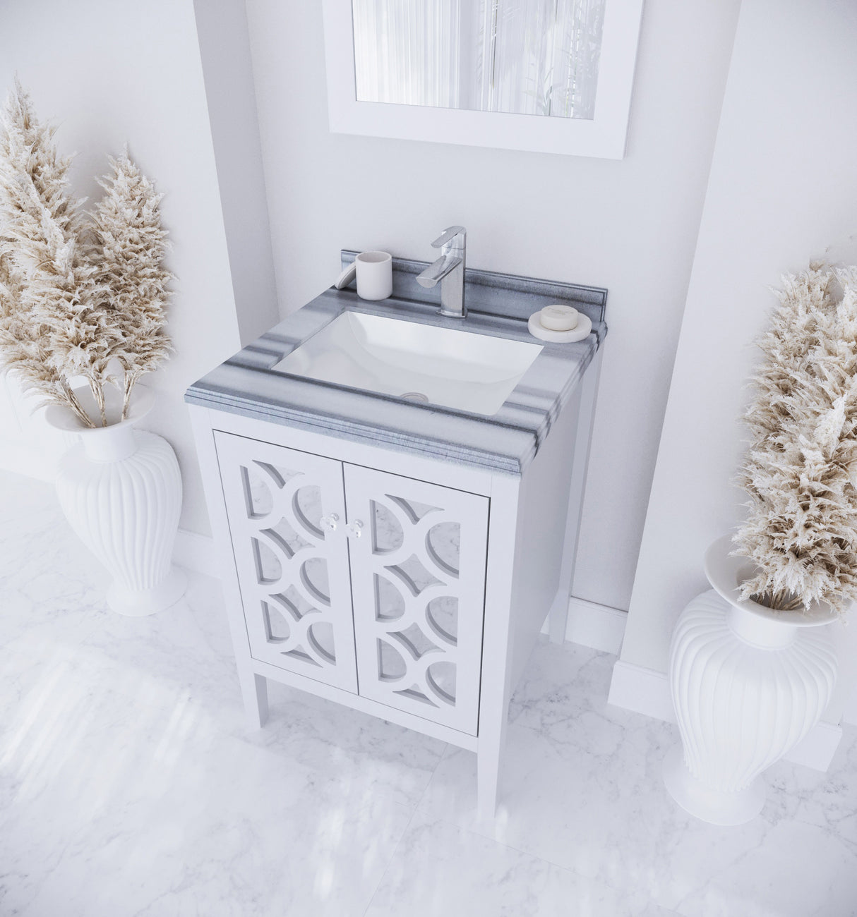 Mediterraneo 24" White Bathroom Vanity with White Stripes Marble Countertop Laviva 313MKSH-24W-WS