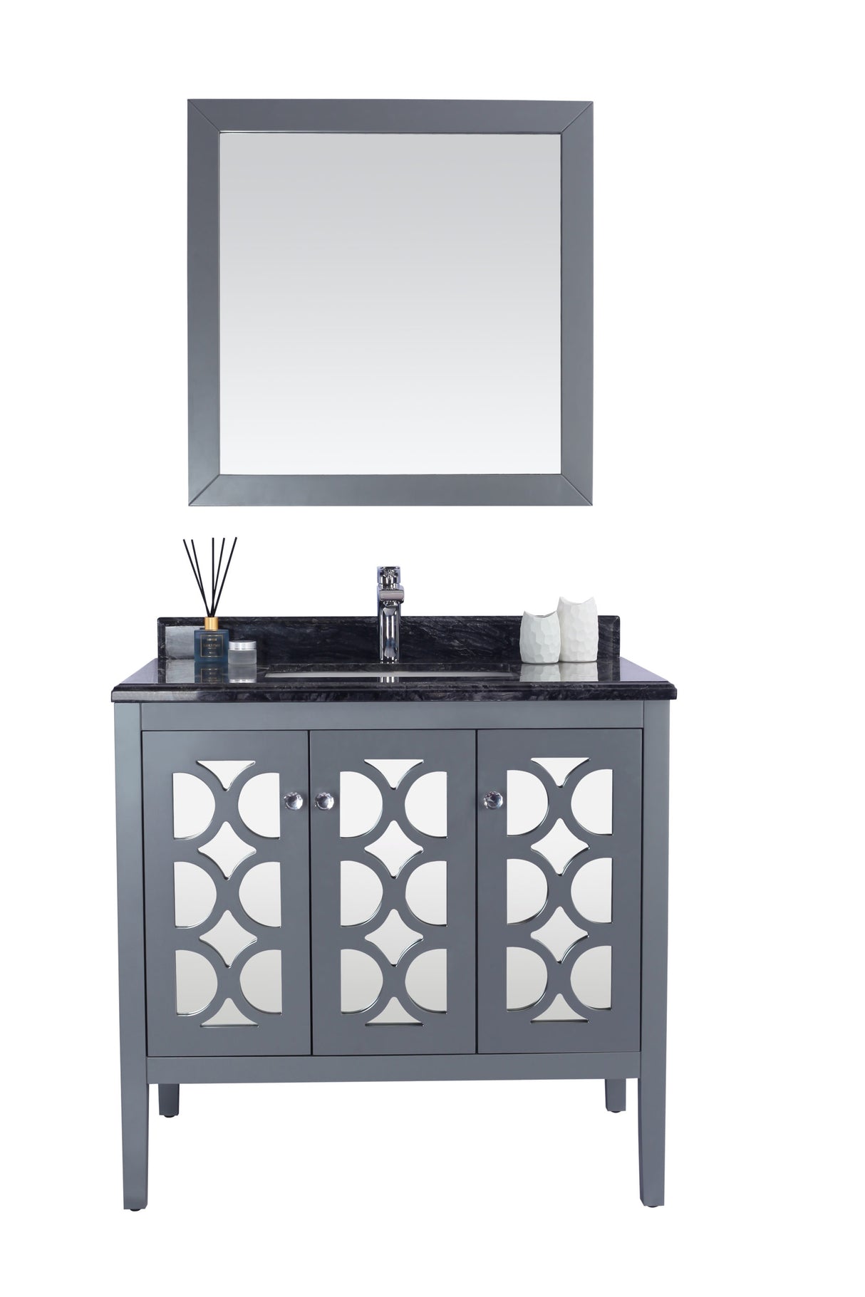 Mediterraneo 36" Grey Bathroom Vanity with Black Wood Marble Countertop Laviva 313MKSH-36G-BW