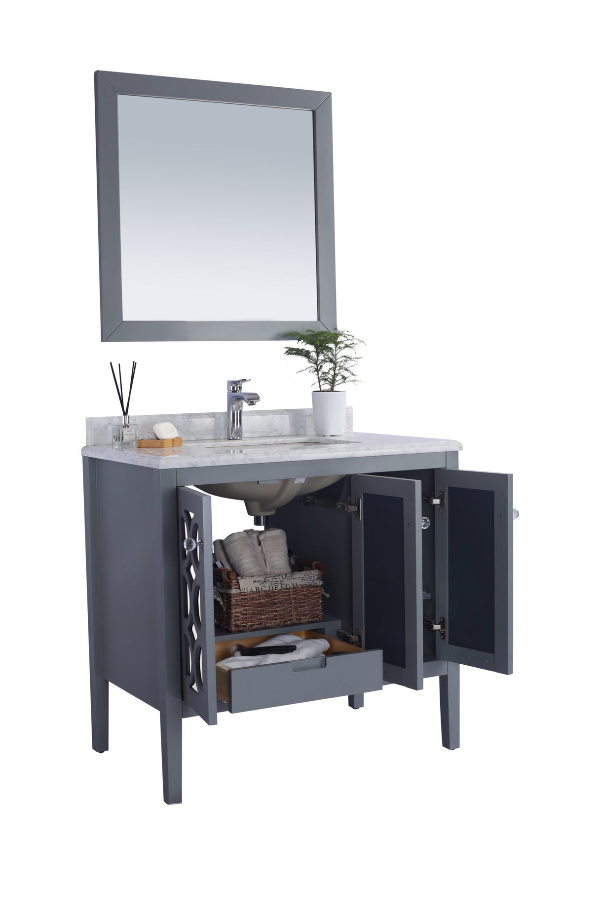 Mediterraneo 36" Grey Bathroom Vanity with White Carrara Marble Countertop Laviva 313MKSH-36G-WC