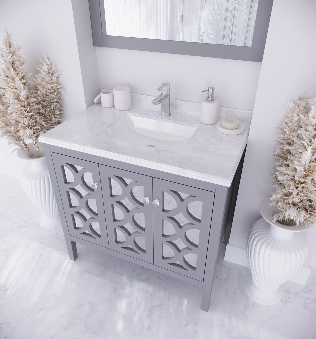 Mediterraneo 36" Grey Bathroom Vanity with White Carrara Marble Countertop Laviva 313MKSH-36G-WC