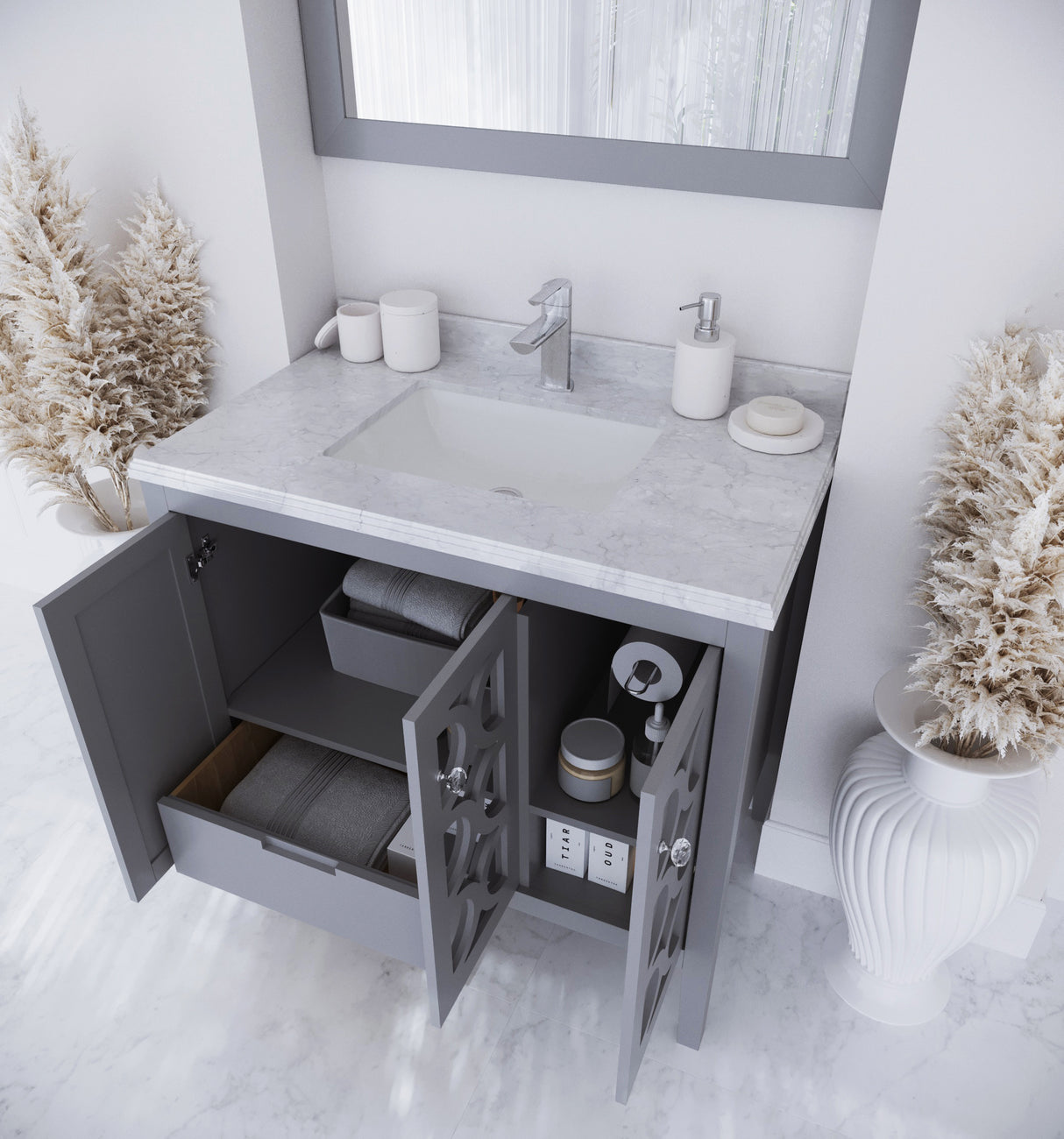 Mediterraneo 36" Grey Bathroom Vanity with White Carrara Marble Countertop Laviva 313MKSH-36G-WC