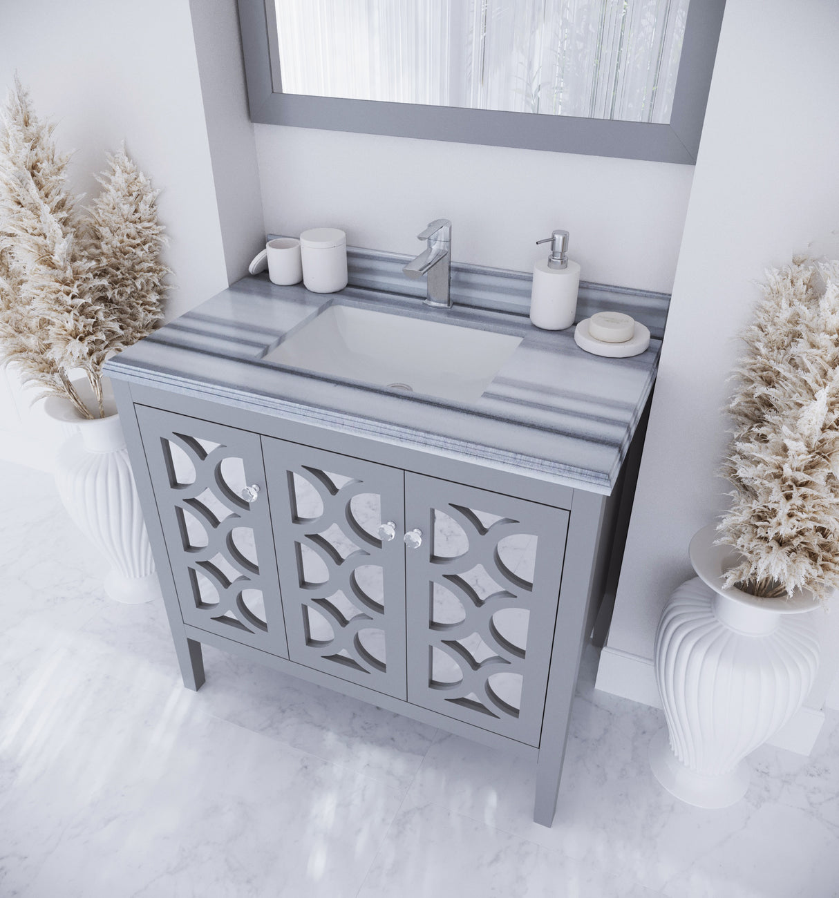 Mediterraneo 36" Grey Bathroom Vanity with White Stripes Marble Countertop Laviva 313MKSH-36G-WS