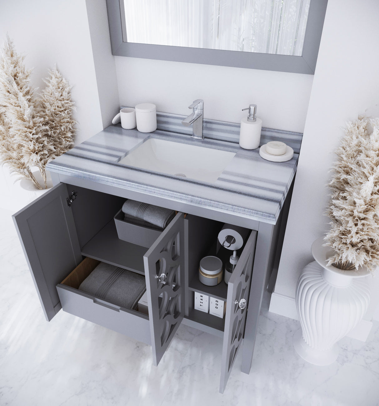 Mediterraneo 36" Grey Bathroom Vanity with White Stripes Marble Countertop Laviva 313MKSH-36G-WS