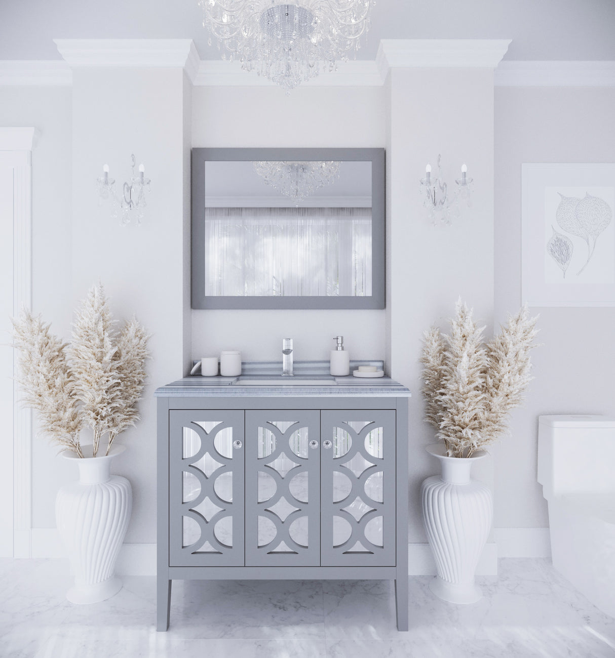 Mediterraneo 36" Grey Bathroom Vanity with White Stripes Marble Countertop Laviva 313MKSH-36G-WS