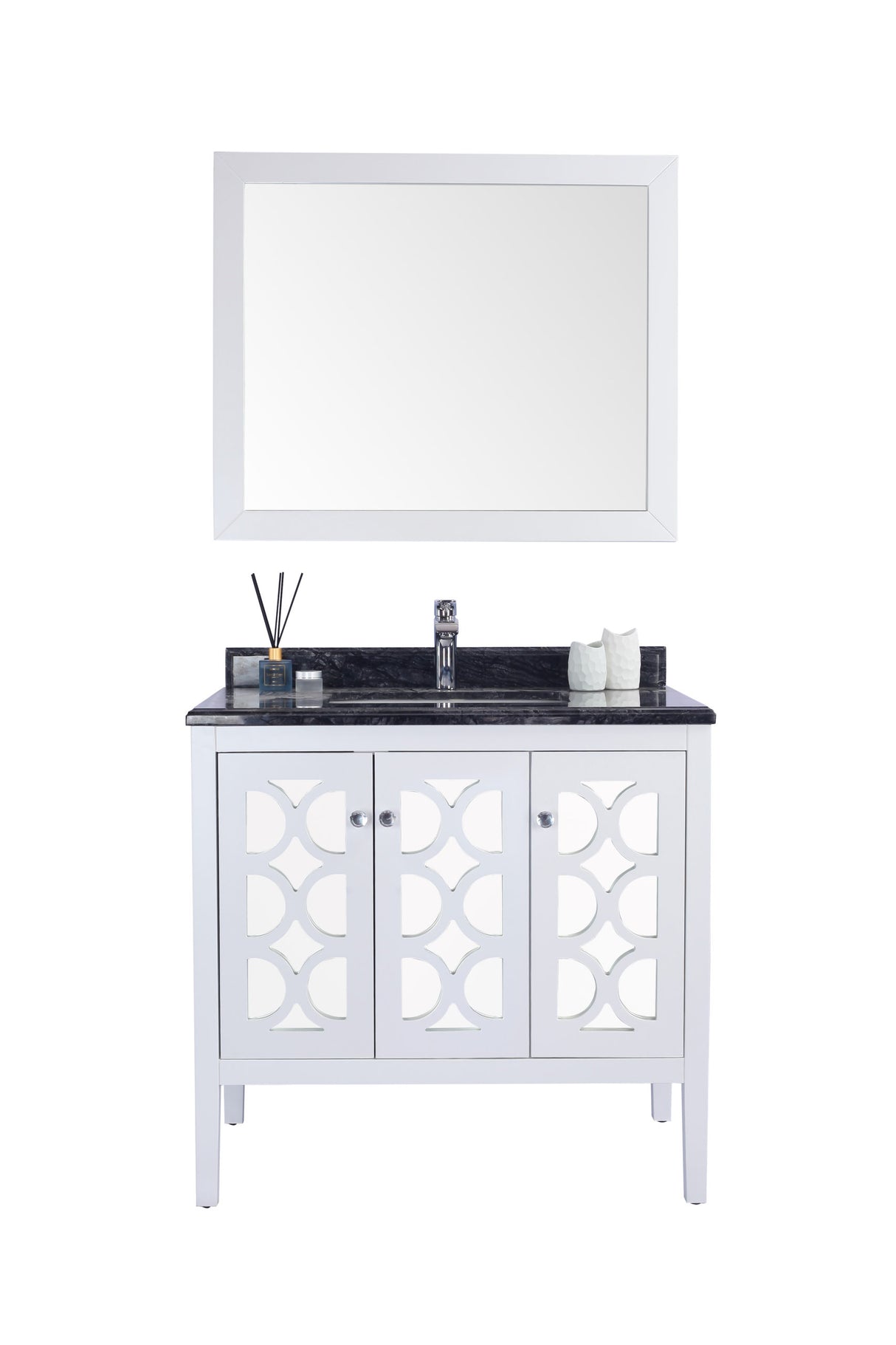 Mediterraneo 36" White Bathroom Vanity with Black Wood Marble Countertop Laviva 313MKSH-36W-BW