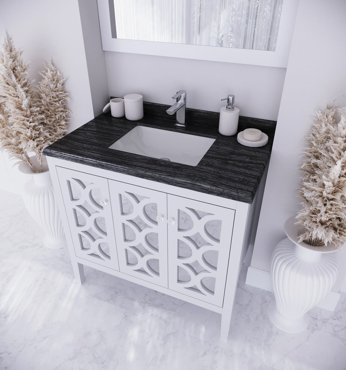 Mediterraneo 36" White Bathroom Vanity with Black Wood Marble Countertop Laviva 313MKSH-36W-BW
