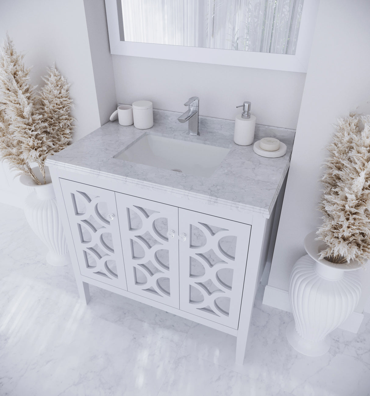 Mediterraneo 36" White Bathroom Vanity with White Carrara Marble Countertop Laviva 313MKSH-36W-WC