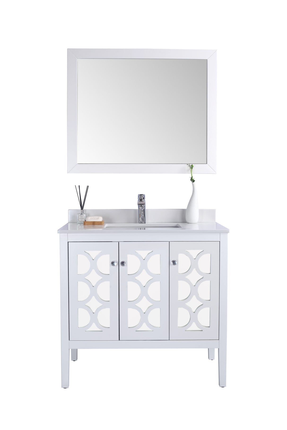 Mediterraneo 36" White Bathroom Vanity with White Quartz Countertop Laviva 313MKSH-36W-WQ