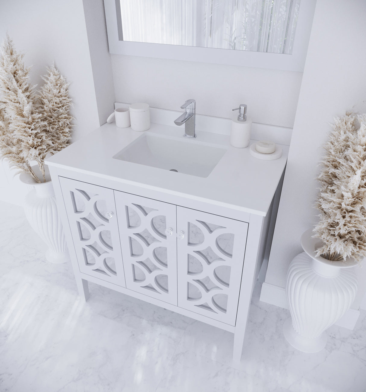 Mediterraneo 36" White Bathroom Vanity with White Quartz Countertop Laviva 313MKSH-36W-WQ