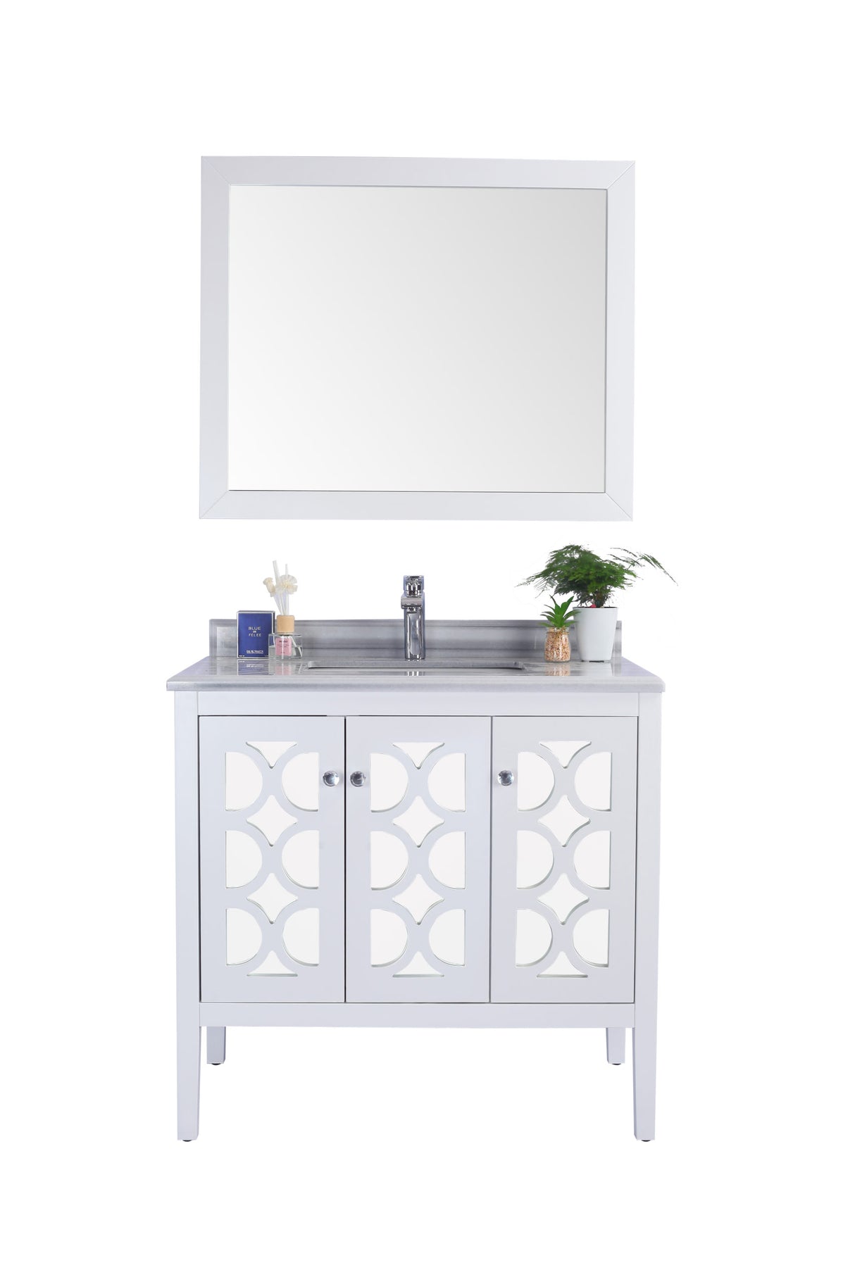 Mediterraneo 36" White Bathroom Vanity with White Stripes Marble Countertop Laviva 313MKSH-36W-WS