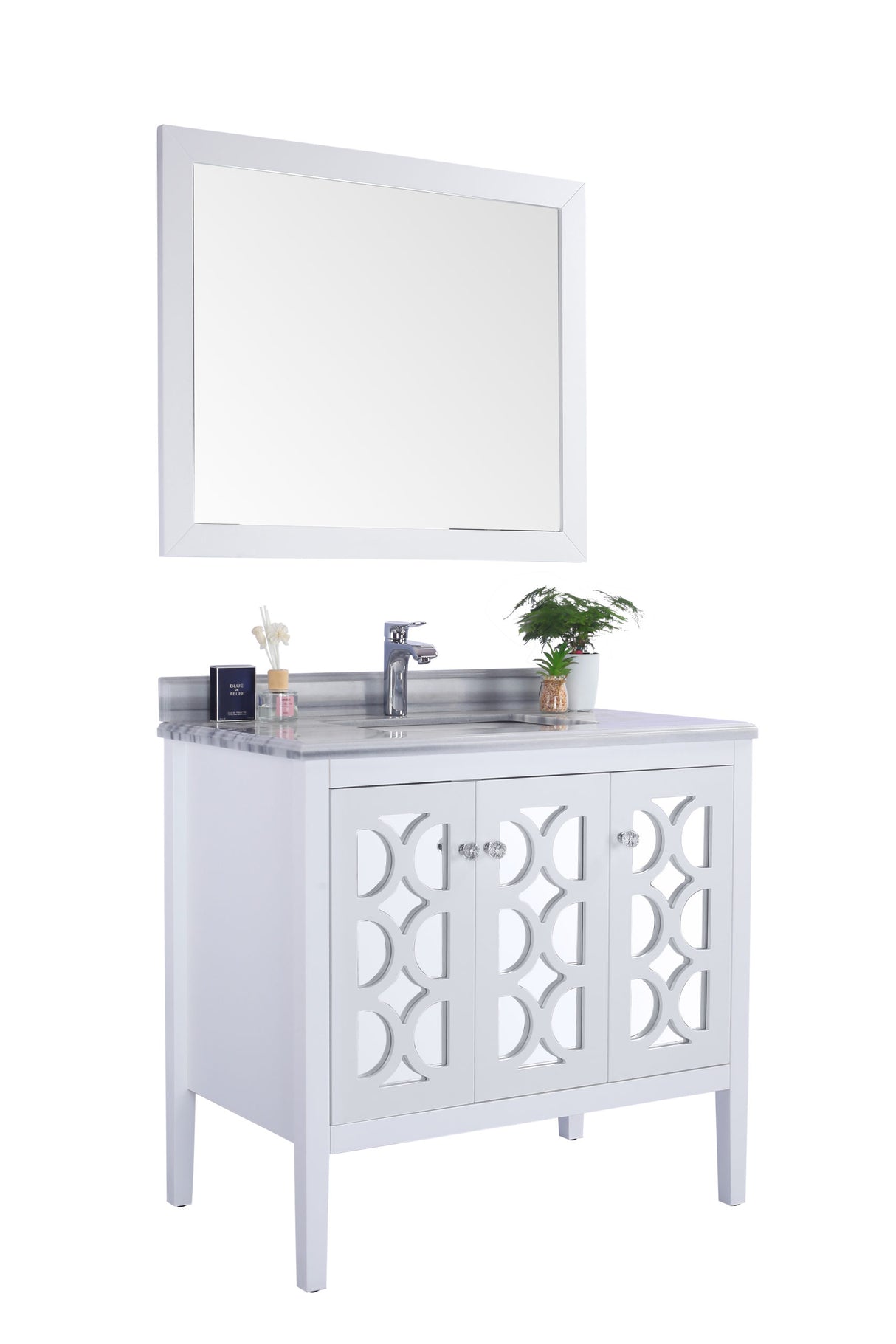 Mediterraneo 36" White Bathroom Vanity with White Stripes Marble Countertop Laviva 313MKSH-36W-WS