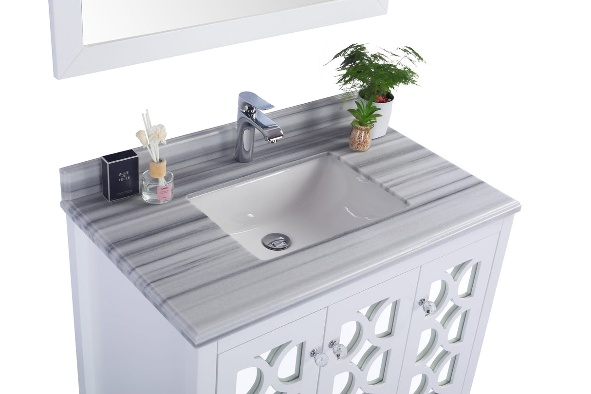 Mediterraneo 36" White Bathroom Vanity with White Stripes Marble Countertop Laviva 313MKSH-36W-WS