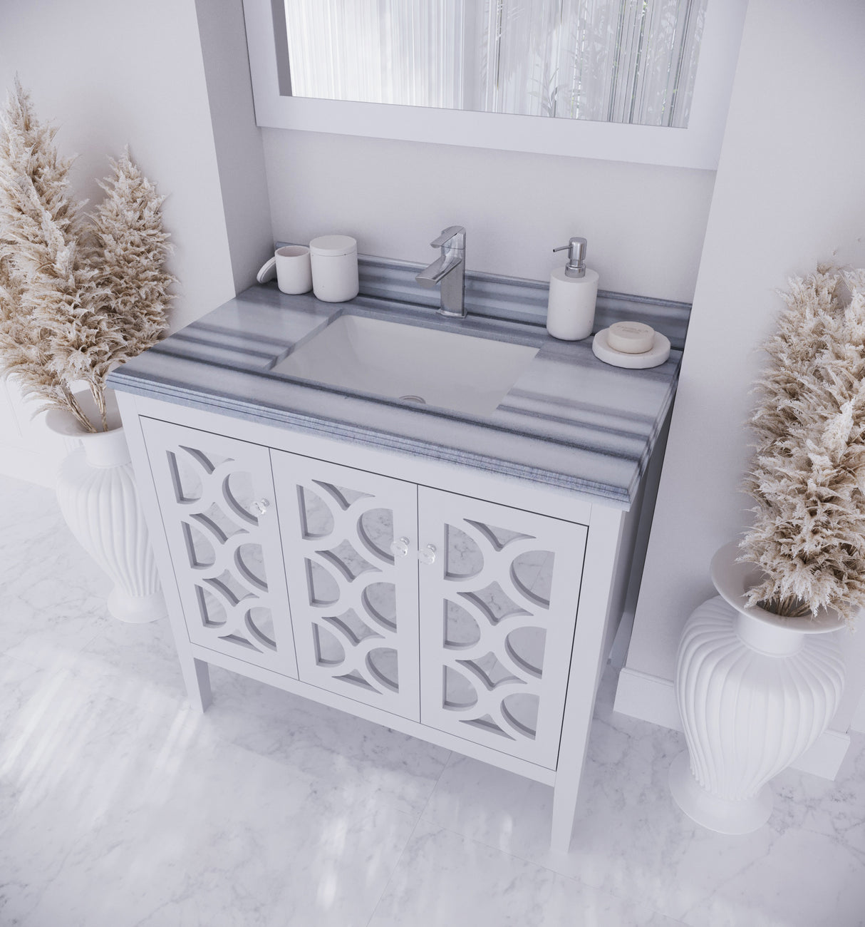 Mediterraneo 36" White Bathroom Vanity with White Stripes Marble Countertop Laviva 313MKSH-36W-WS