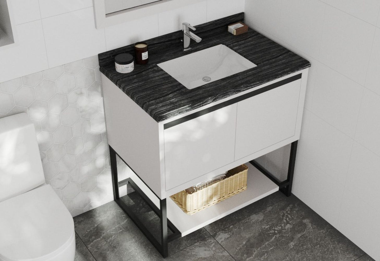 Forever 36" Single Hole Black Wood Marble Countertop with Rectangular Ceramic Sink Laviva 313SQ1H-36-BW