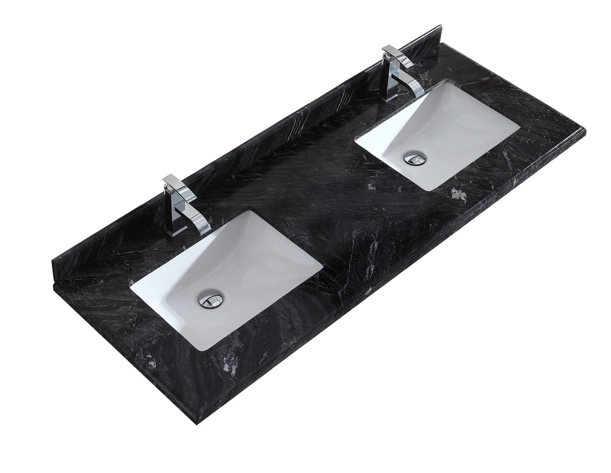 Forever 60" Single Hole Black Wood Marble Countertop with Double Rectangular Ceramic Sinks Laviva 313SQ1H-60-BW