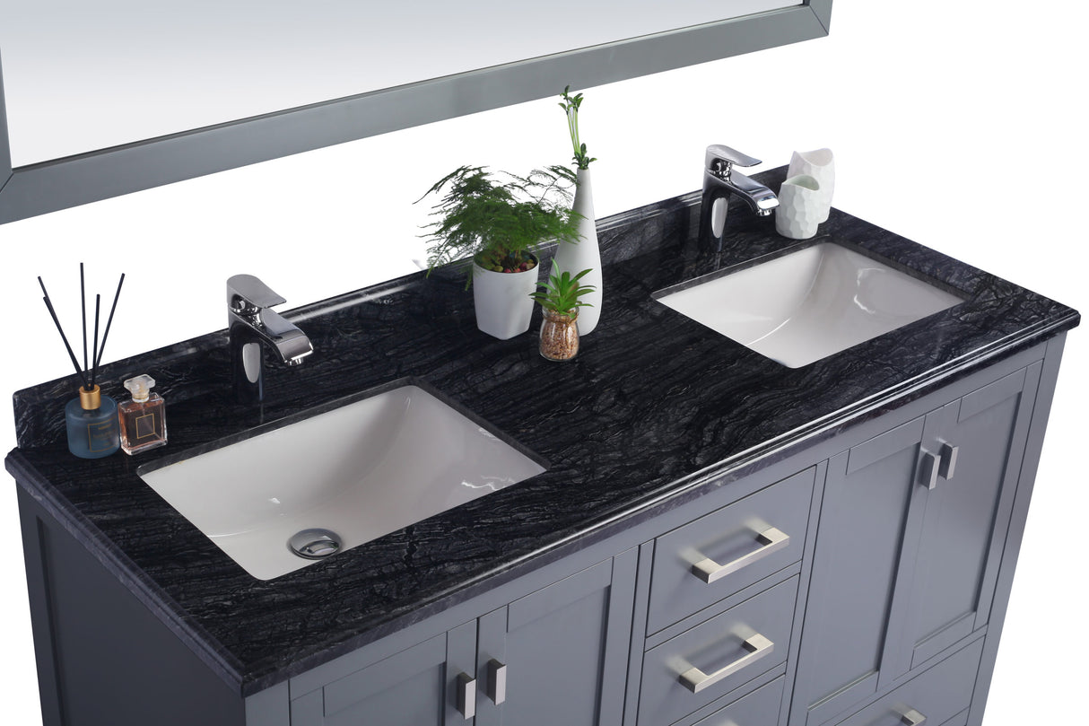 Forever 60" Single Hole Black Wood Marble Countertop with Double Rectangular Ceramic Sinks Laviva 313SQ1H-60-BW