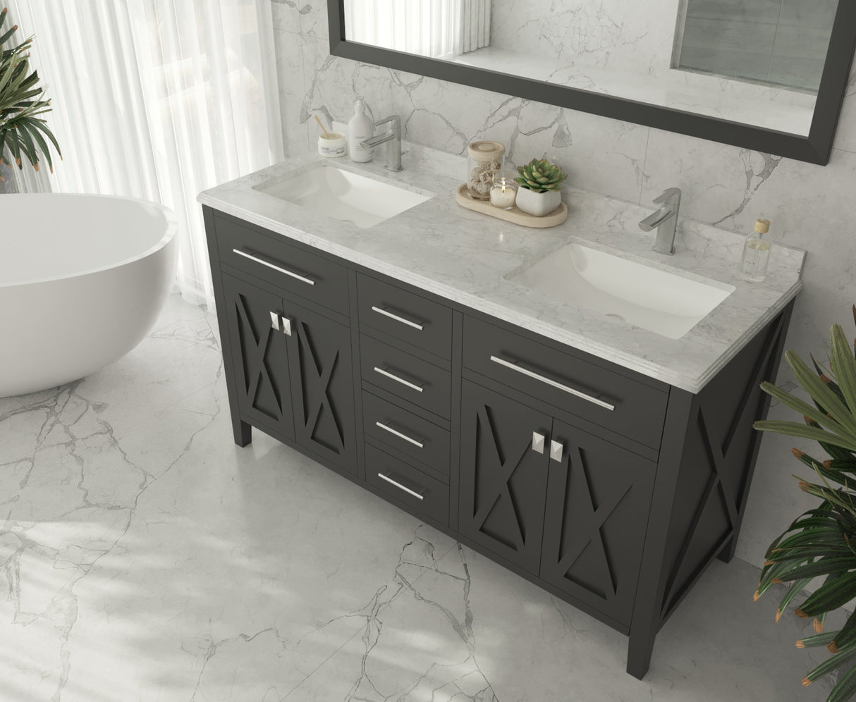 Forever 60" Single Hole White Carrara Marble Countertop with Double Rectangular Ceramic Sinks Laviva 313SQ1H-60-WC