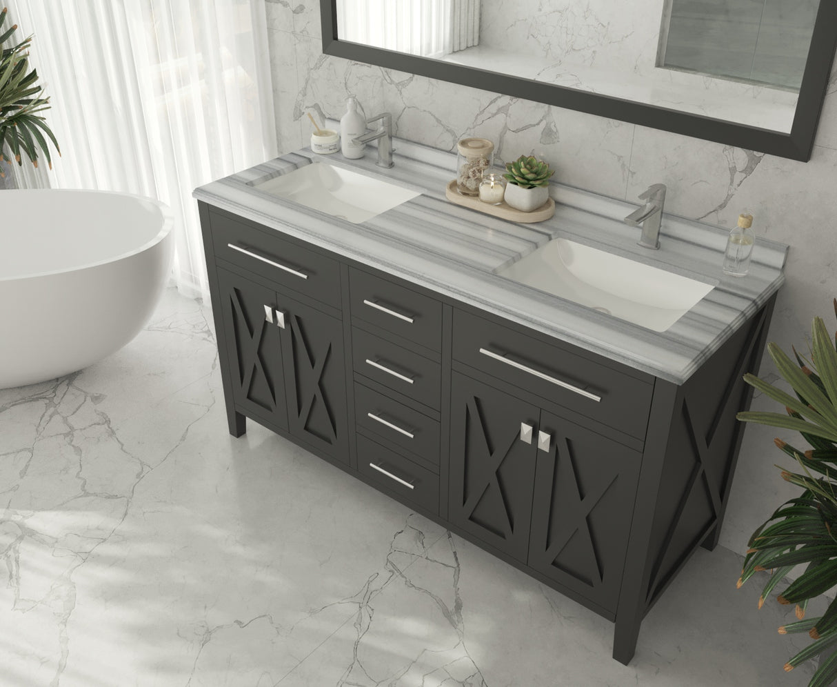 Forever 60" Single Hole White Stripes Marble Countertop with Double Rectangular Ceramic Sinks Laviva 313SQ1H-60-WS