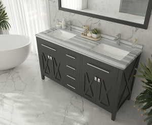 Forever 60" Single Hole White Stripes Marble Countertop with Double Rectangular Ceramic Sinks Laviva 313SQ1H-60-WS