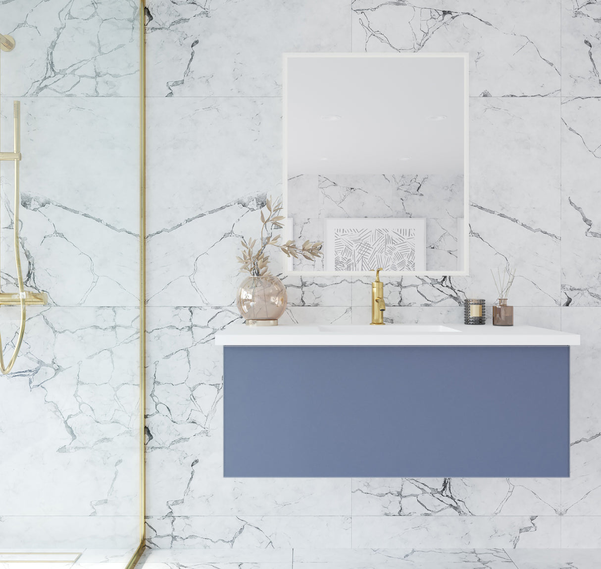 Vitri 42" Nautical Blue Bathroom Vanity with VIVA Stone Matte White Solid Surface Countertop Laviva 313VTR-42NB-MW