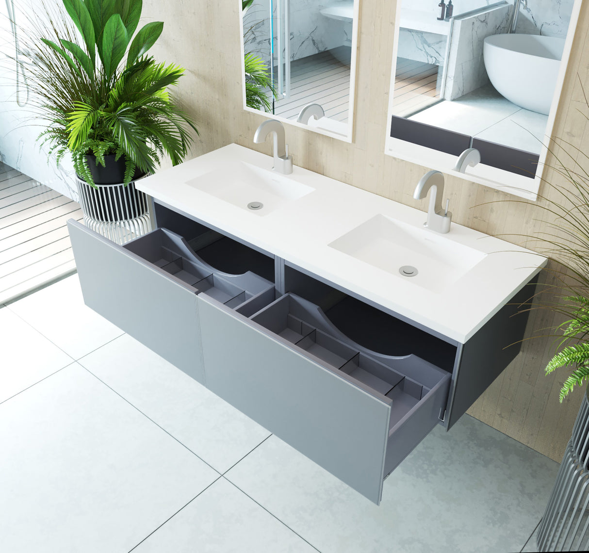 Vitri 60" Fossil Grey Double Sink Bathroom Vanity with VIVA Stone Matte White Solid Surface Countertop Laviva 313VTR-60DFG-MW