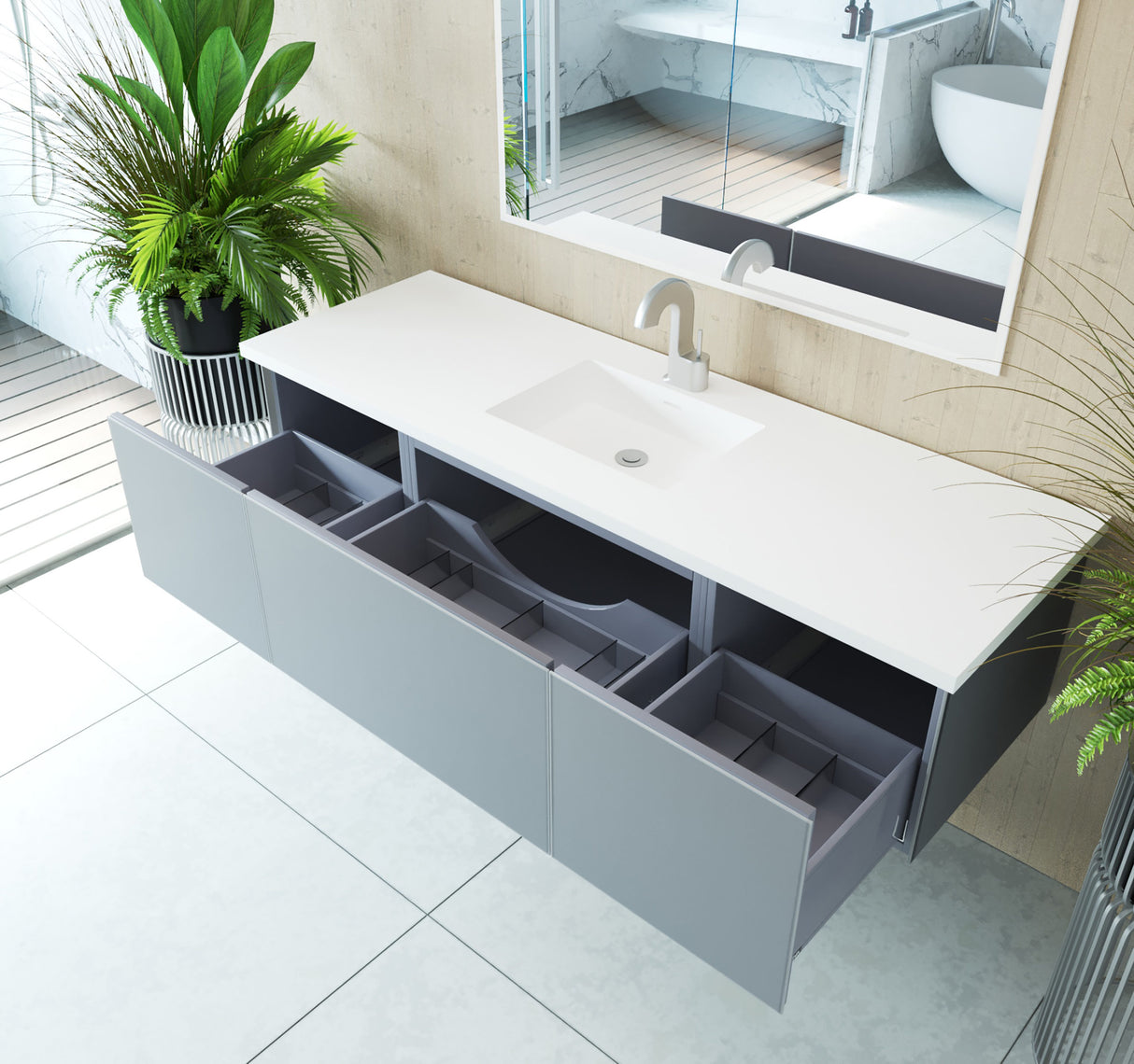 Vitri 66" Fossil Grey Single Sink Bathroom Vanity with VIVA Stone Matte White Solid Surface Countertop Laviva 313VTR-66FG-MW