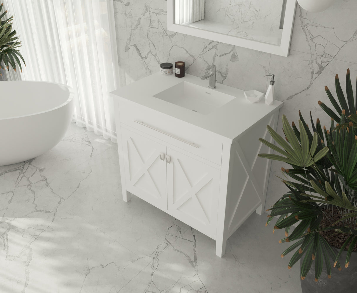 Wimbledon 36" White Bathroom Vanity with Matte White VIVA Stone Solid Surface Countertop Laviva 313YG319-36W-MW
