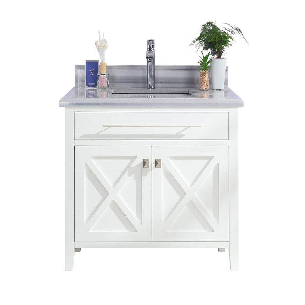 Wimbledon 36" White Bathroom Vanity with White Stripes Marble Countertop Laviva 313YG319-36W-WS