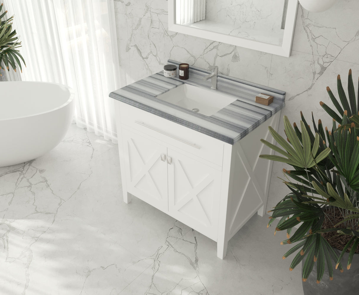 Wimbledon 36" White Bathroom Vanity with White Stripes Marble Countertop Laviva 313YG319-36W-WS