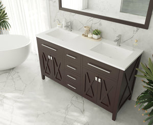 Wimbledon 60" Brown Double Sink Bathroom Vanity with Matte White VIVA Stone Solid Surface Countertop Laviva 313YG319-60B-MW