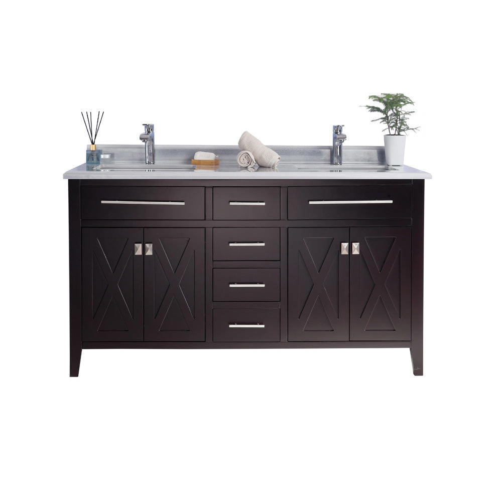 Wimbledon 60" Brown Double Sink Bathroom Vanity with White Stripes Marble Countertop Laviva 313YG319-60B-WS
