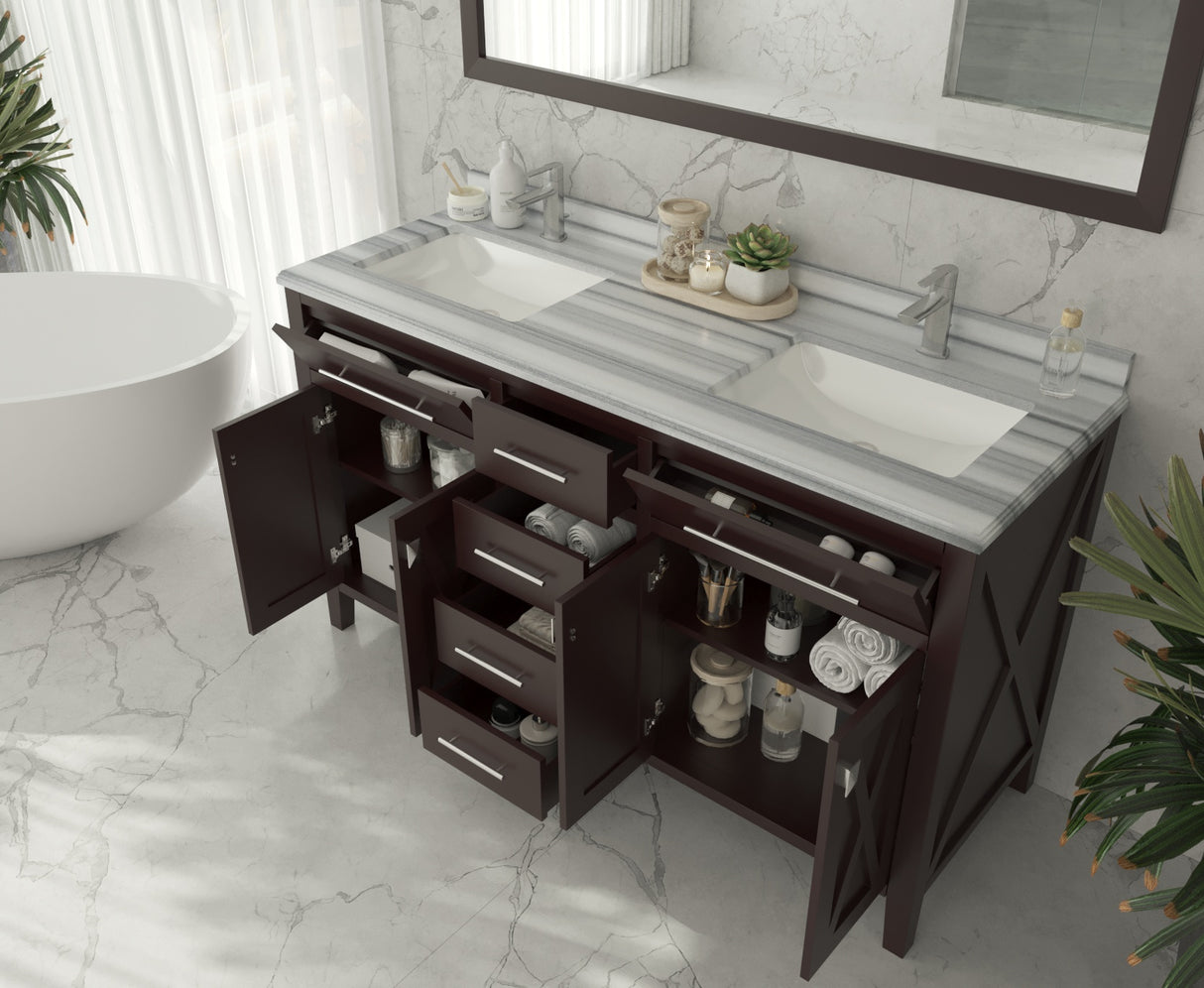 Wimbledon 60" Brown Double Sink Bathroom Vanity with White Stripes Marble Countertop Laviva 313YG319-60B-WS