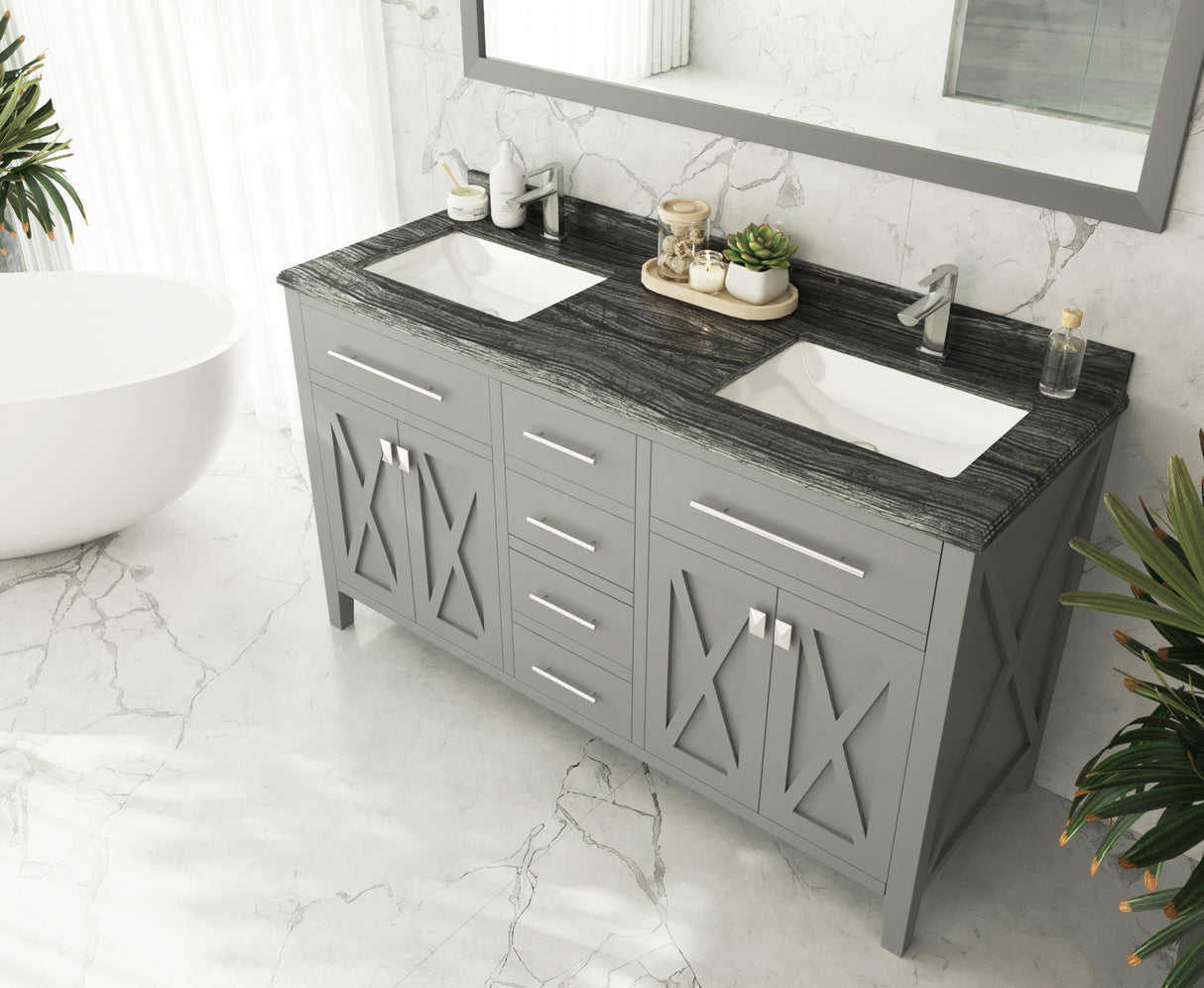 Wimbledon 60" Grey Double Sink Bathroom Vanity with Black Wood Marble Countertop Laviva 313YG319-60G-BW