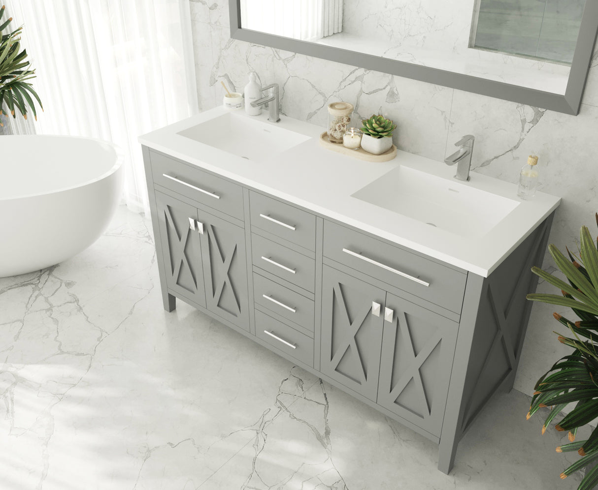 Wimbledon 60" Grey Double Sink Bathroom Vanity with Matte White VIVA Stone Solid Surface Countertop Laviva 313YG319-60G-MW