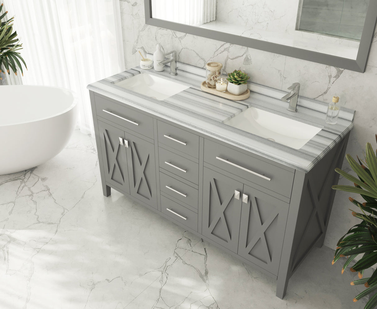 Wimbledon 60" Grey Double Sink Bathroom Vanity with White Stripes Marble Countertop Laviva 313YG319-60G-WS