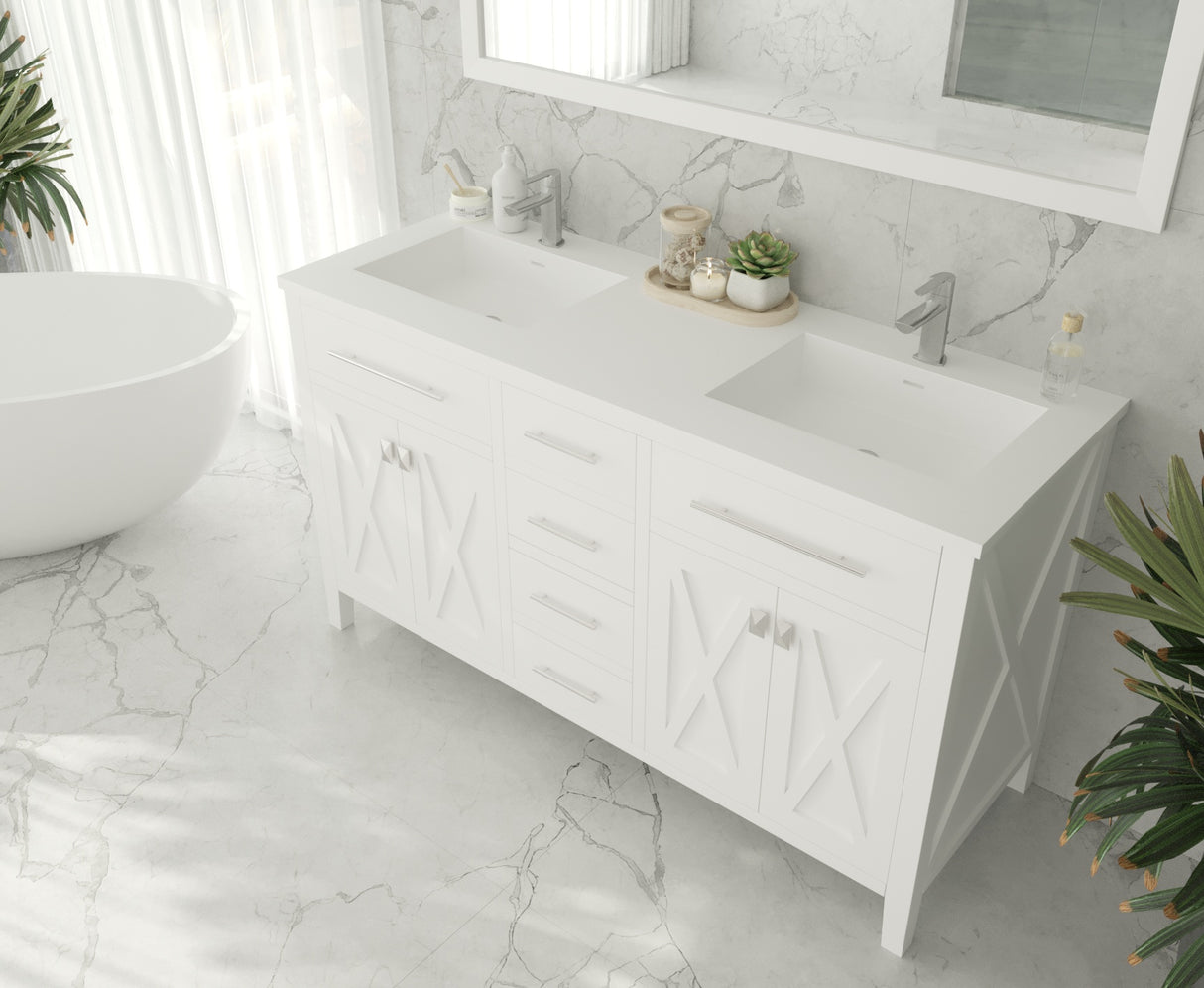 Wimbledon 60" White Double Sink Bathroom Vanity with Matte White VIVA Stone Solid Surface Countertop Laviva 313YG319-60W-MW