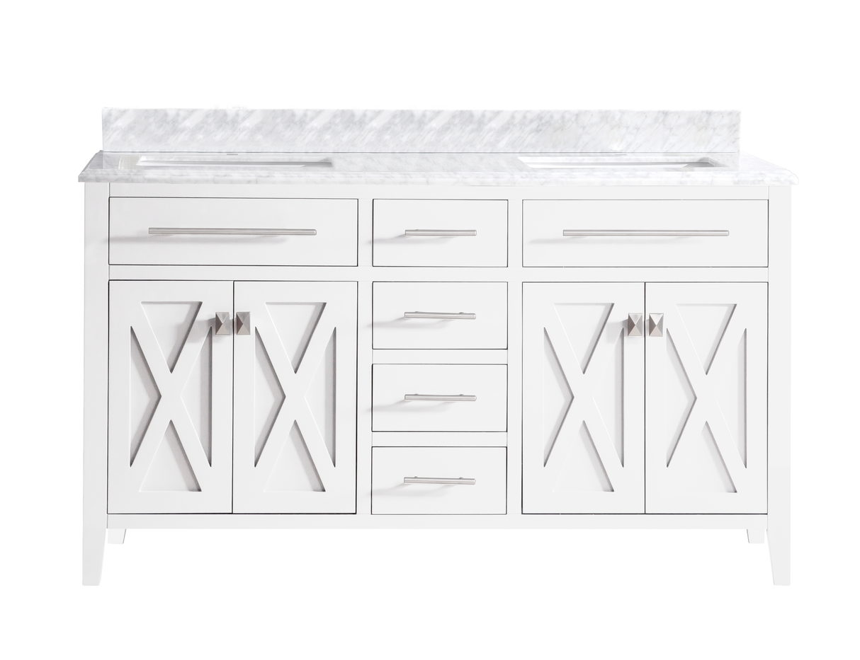 Wimbledon 60" White Double Sink Bathroom Vanity with White Carrara Marble Countertop Laviva 313YG319-60W-WC