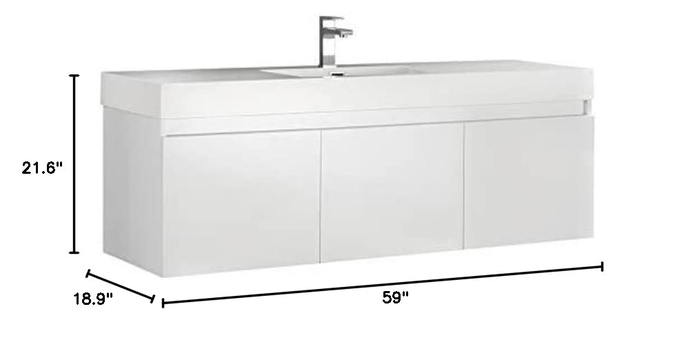 Fresca FCB8041WH-I Fresca Mezzo 60" White Wall Hung Single Sink Modern Bathroom Cabinet w/ Integrated Sink